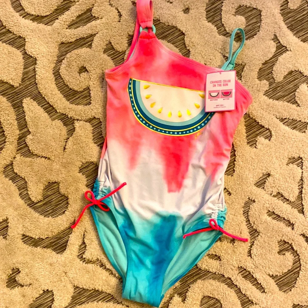 NWT JUSTICE WATERMELON TIE DYE COLOR CHANGING 1PC SWIMSUIT | Size 14 & 7